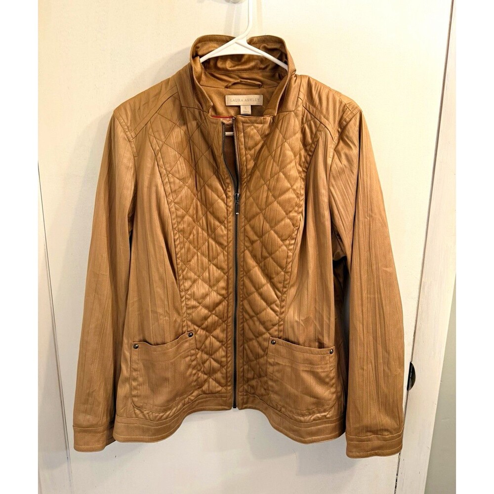 Laura Ashley Women’s Tan Quilted Zip Front Jacket Size L Short Dry Clean